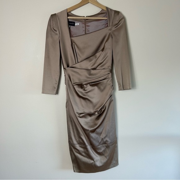 Talbot Runhof Beige Satin Cocktail Dress 3/4 Sleeve Size 4 - Picture 1 of 11